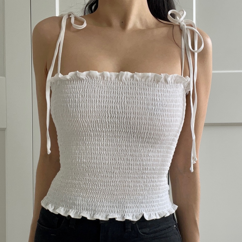 Reformation Linen White Rutched Tie Blouse S Gem